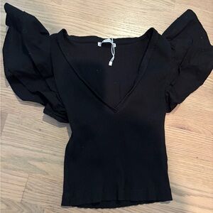 Zara Ribbed Stretchy V-neck Black Crop Top With Ruffle Short Sleeves Small